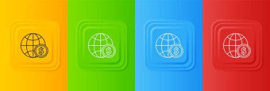 Dolar sembollü beyaz dünya küresi renkli arka planda izole edilmiş. Dünya ya da Dünya işareti. Küresel internet sembolü. Geometrik şekiller. Kare düğmelere simgeleri yerleştir. Vektör.