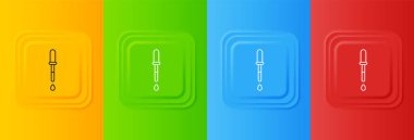 Beyaz Pipette simgesi renkli arkaplanda izole edilmiş. Tıbbi elementler, kimya laboratuarı ekipmanları. Damlalı boru. Tıp sembolü. Kare düğmelere simgeleri yerleştir. Vektör.