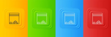 Beyaz plastik torba renkli arka planda izole edilmiş uyuşturucu ikonu. Sağlık tehlikesi. Kare düğmelere simgeleri yerleştir. Vektör.