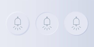 Gri zili çalan alarm simgesi gri arkaplanda izole edildi. Yangın alarmı. Servis zili, el zili işareti, uyarı sembolü. Kare düğmelere simgeleri yerleştir. Vektör.