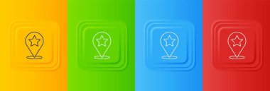 Renkli arkaplanda yıldız simgesi olan beyaz harita işaretçisi. Yıldız favori iğne haritası simgesi. Harita işaretleyicileri. Kare düğmelere simgeleri yerleştir. Vektör.