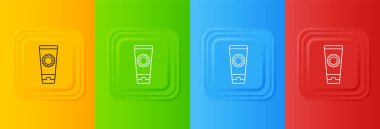 Renkli arka planda izole edilmiş tüp ikonunda beyaz güneş kremi. Cilt için güneş ultraviyole ışığından koruma. Kare düğmelere simgeleri yerleştir. Vektör.