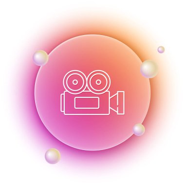 Beyaz sinema kamera ikonu beyaz arkaplanda izole edildi. Video kamera. Film tabelası. Film projektörü. Turuncu ve pembe eğimli çember arka planı. Vektör.