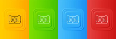 Mühendislik ve vites simgesi için beyaz grafikler renkli arkaplanda izole edilmiş. Kare düğmelere simgeleri yerleştir. Vektör.