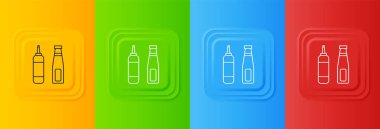 Beyaz sos şişesi simgesi renkli arkaplanda izole edilmiş. Ketçap, hardal ve fast food için soslu mayonez şişeleri. Kare düğmelere simgeleri yerleştir. Vektör.