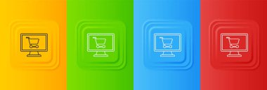 Ekran bilgisayarındaki beyaz alışveriş arabası renkli arkaplanda izole edilmiş. Konsept e-ticaret, e-ticaret, online iş pazarlama. Kare düğmelere simgeleri yerleştir. Vektör.