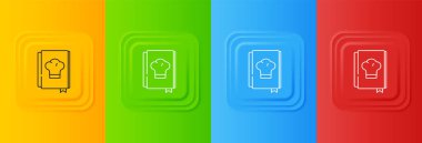 Renkli arkaplanda beyaz yemek kitabı simgesi izole edildi. Yemek kitabı ikonu. Yemek tarifi kitabı. Çatal ve bıçak ikonları. Çatal bıçak sembolü. Kare düğmelere simgeleri yerleştir. Vektör.