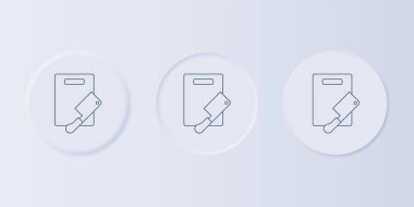 Gri kesme tahtası ve et helikopter simgesi gri arka planda izole edildi. Kasap bıçağı. Tahta kesme sembolü. Kare düğmelere simgeleri yerleştir. Vektör.