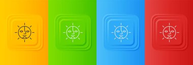 Beyaz Güneş simgesi renkli arkaplanda izole edildi. Kare düğmelere simgeleri yerleştir. Vektör.