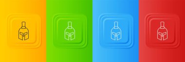 Beyaz Yunan miğfer simgesi renkli arkaplanda izole edilmiş. Tüylü ya da at tüylü askerleri korumak için antika miğfer. Kare düğmelere simgeleri yerleştir. Vektör.