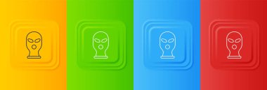 Beyaz kar maskesi simgesi renkli arkaplanda izole edilmiş. Kış sporları için bir parça kıyafet ya da bir suçlu ya da hırsız için bir maske. Kare düğmelere simgeleri yerleştir. Vektör.