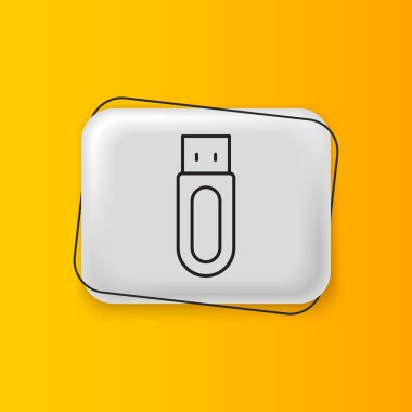 Siyah USB flaş bellek simgesi sarı arkaplanda izole edildi. Gümüş dikdörtgen düğme. Vektör.