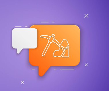 Mor arka planda beyaz altın madenciliği ikonu var. Turuncu konuşma balonu sembolü. Vektör.