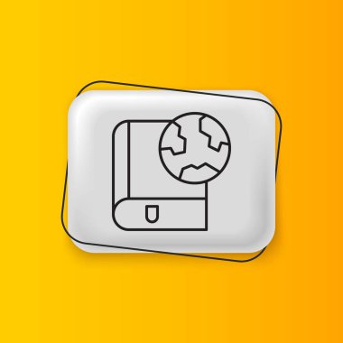 Kara Dünya küresi ve kitap ikonu sarı arka planda izole edilmiş. Dünya ya da Dünya işareti. Küresel internet sembolü. Geometrik şekiller. Gümüş dikdörtgen düğme. Vektör.