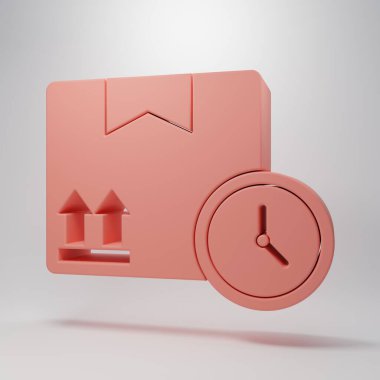 Pembe karton kutu ve hızlı teslimat ikonu pembe arka planda izole edilmiş. Kutu, paket, paket işareti. Teslimat ve ambalaj. Minimalizm kavramı. 3 Boyutlu resimleme.