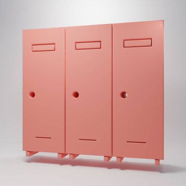 Pembe dolap ya da hokey, futbol, basketbol takımı ya da pembe arka planda izole edilmiş işçi ikonu için soyunma odası. Minimalizm kavramı. 3 Boyutlu resimleme.