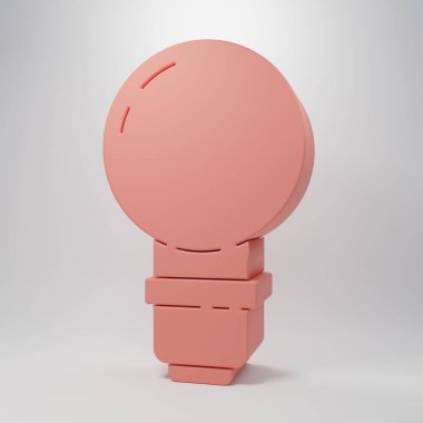 Pembe arkaplanda izole edilmiş fikir ikonu kavramına sahip pembe ışıklı ampul. Enerji ve fikir sembolü. İlham konsepti. Minimalizm kavramı. 3 Boyutlu resimleme.