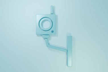 Mavi güvenlik kamerası simgesi mavi arkaplanda izole edildi. Minimalizm kavramı. 3 Boyutlu resimleme.