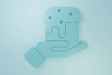 Mavi insan eli ve mavi arka planda izole edilmiş paskalya pastası ikonu. Mutlu Paskalyalar. Minimalizm kavramı. 3 Boyutlu resimleme.