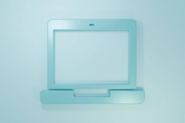 Mavi dizüstü bilgisayar simgesi mavi arkaplanda izole edildi. Boş ekran işaretli bilgisayar defteri. Minimalizm kavramı. 3 Boyutlu resimleme.