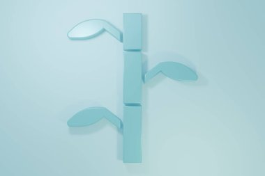 Mavi Bambu, mavi arka planda izole edilmiş yaprak simgesine sahiptir. Minimalizm kavramı. 3 Boyutlu resimleme.