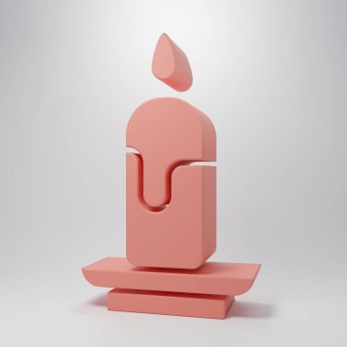 Pembe yanan mum ikonu pembe arka planda izole edilmiş. Silindirik mum çubuğu ve yanan ateş. Minimalizm kavramı. 3 Boyutlu resimleme.