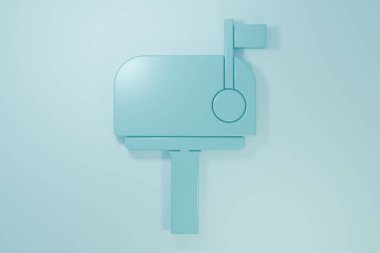 Mavi posta kutusu simgesi mavi arkaplanda izole edildi. Posta kutusu simgesi. Posta kutusunda bayrak var. Minimalizm kavramı. 3 Boyutlu resimleme.