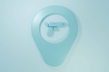 Mavi arkaplanda silah ikonu olan mavi konum. Minimalizm kavramı. 3 Boyutlu resimleme.