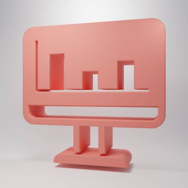 Pembe arkaplanda izole edilmiş grafik çizelgesi simgesi olan pembe bilgisayar monitörü. Metin dosyasını rapor et. Muhasebe tabelası. Denetim, analiz, planlama. Minimalizm kavramı. 3 Boyutlu resimleme.
