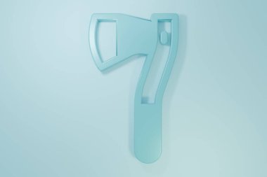 Mavi ahşap balta simgesi mavi arkaplanda izole edildi. Oduncu baltası. Minimalizm kavramı. 3 Boyutlu resimleme.