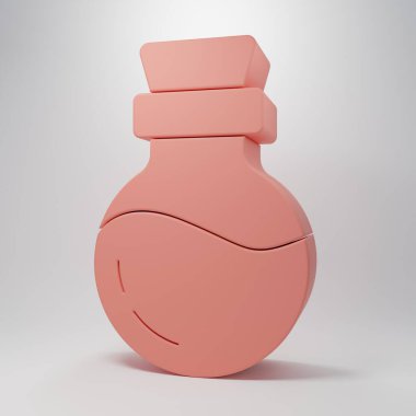 Pembe arka planda ikon olan pembe şişe. Sihirli iksirli matara. Mutlu Cadılar Bayramı Partisi. Minimalizm kavramı. 3 Boyutlu resimleme.