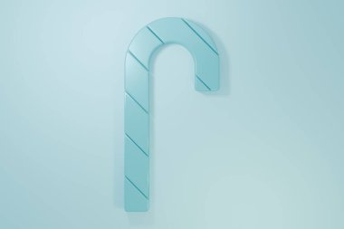 Mavi arkaplanda çizgili simgesi olan mavi Noel şekeri bastonu. Mutlu Noeller ve mutlu yıllar. Minimalizm kavramı. 3 Boyutlu resimleme.