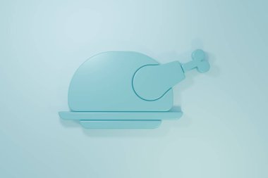 Mavi kavrulmuş hindi ya da mavi arka planda izole edilmiş tavuk ikonu. Minimalizm kavramı. 3 Boyutlu resimleme.