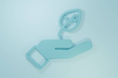 Mavi Bitki, mavi arka planda izole edilmiş çevresel koruma ikonunun elinde. Tohum ve tohum. Fidan dikiyorum. Ekoloji konsepti. Minimalizm kavramı. 3 Boyutlu resimleme .