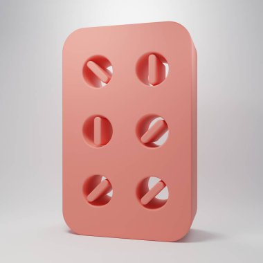 Pembe haplar pembe arka planda izole edilmiş su toplayıcı ikonunda. İlaç paketi. Tablet, vitamin, antibiyotik, aspirin. Minimalizm kavramı. 3 Boyutlu resimleme.