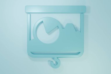 Mavi arkaplanda grafik, çizelge, grafik, diyagram, bilgi, turta grafik simgesi olan mavi sunum tahtası var. Minimalizm kavramı. 3 Boyutlu resimleme.