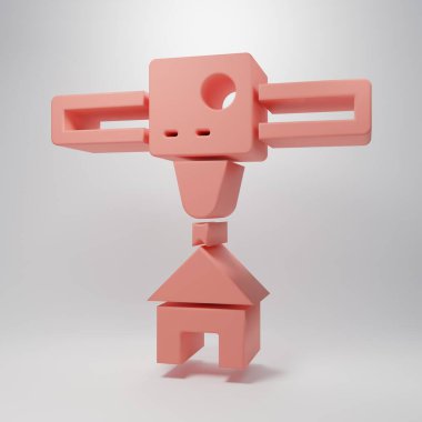 Pembe 3D yazıcı evi simgesi pembe arka planda izole edilmiş. 3D baskı. Minimalizm kavramı. 3 Boyutlu resimleme.