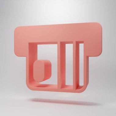 Pembe kredi kartı, kart okuyucu simgesine yerleştirildi. Pembe arka planda izole edildi. ATM para makinesi. Minimalizm kavramı. 3 Boyutlu resimleme.