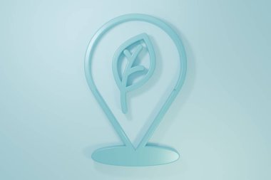 Blue Location with leaf icon isolated on blue background. Eco energy concept. Alternative energy concept. Minimalism concept. 3D render illustration.