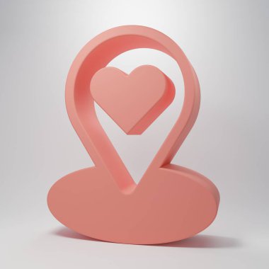 Pembe arka planda kalp ikonu olan pembe harita işaretçisi. Sevgililer Günü. Aşk yeri. Romantik harita iğnesi. Minimalizm kavramı. 3 Boyutlu resimleme.