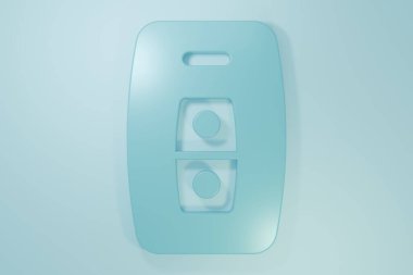 Mavi arka planda izole edilmiş uzaktan kumandalı mavi araba anahtarı. Araba anahtarı ve alarm sistemi. Minimalizm kavramı. 3 Boyutlu resimleme.