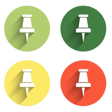 Push pin simgesini uzun gölge arkaplanı ile izole et. Raptiye işareti. Renkli daire düğmesi. Vektör.