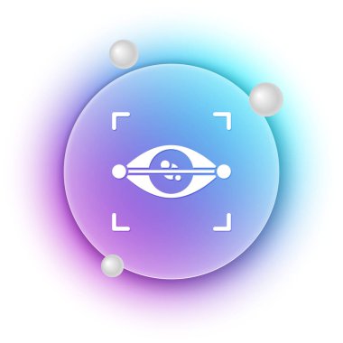 Beyaz Göz tarama simgesi beyaz arkaplanda izole edildi. Göz taraması yapılıyor. Güvenlik kontrol sembolü. Siber göz işareti. Mavi ve mor eğimli çember arkaplan. Vektör.
