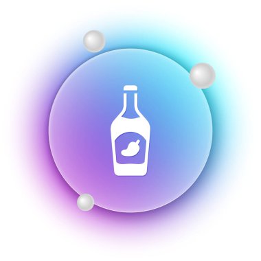 Beyaz arka planda beyaz ketçap şişesi simgesi var. Kırmızı biberli tabela. Barbekü ve barbekü ızgara sembolü. Mavi ve mor eğimli çember arkaplan. Vektör.