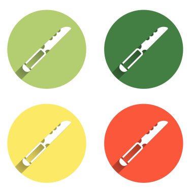 Ekmek bıçağı simgesini uzun gölge arkaplanı ile izole et. Çatal bıçak sembolü. Renkli daire düğmesi. Vektör.