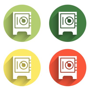 Güvenli simgeyi uzun gölge arkaplan ile izole et. Kapı, şifreli bir banka kasası. Güvenilir Veri Koruma. Renkli daire düğmesi. Vektör.