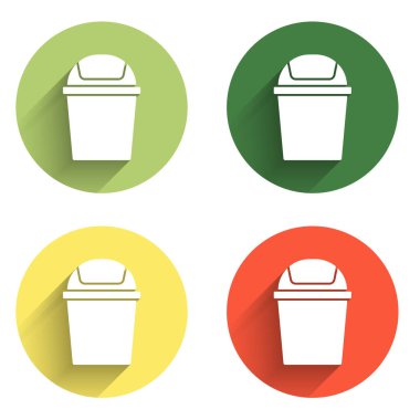 Çöp kutusu simgesini uzun gölge arkaplanı ile izole et. Çöp kutusu tabelası. Sepet simgesini geri dönüştür. Ofis çöpü ikonu. Renkli daire düğmesi. Vektör.