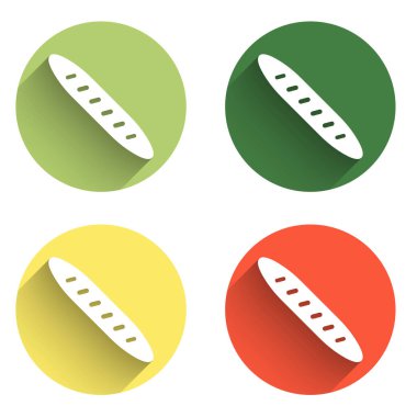 Fransız ekmeği simgesini uzun gölgeli izole et. Renkli daire düğmesi. Vektör.