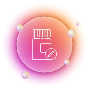 Beyaz ilaç şişesi ve beyaz arka planda izole edilmiş hap ikonu. Şişe hapı işareti. Eczane tasarımı. Turuncu ve pembe eğimli çember arka planı. Vektör.