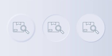 Gri arama paket simgesi gri arkaplanda izole edildi. Paket takibi. Büyüteç ve karton kutu. Lojistik ve teslimat. Kare düğmelere simgeleri yerleştir. Vektör.